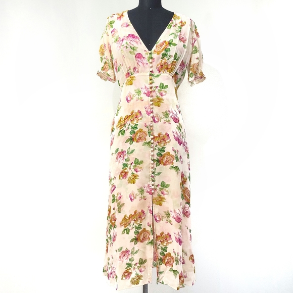 The Kooples Antique Florals Silk Puff Sleeve Slip Midi Dress - Picture 3 of 13